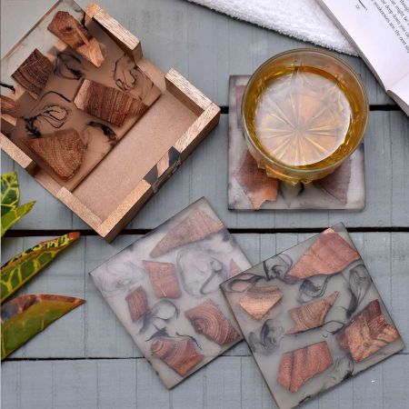 Handmade Clear Epoxy Resin and Cedar Wood Set of 4 Decorative Table Coasters with Stand